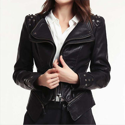 Slim Fit Studded Leather Motorcycle Jacket - Luxivelle