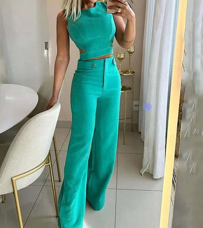 Ladies' Classic Crew Neck Tee and Loose Fit Pants Set - Luxivelle