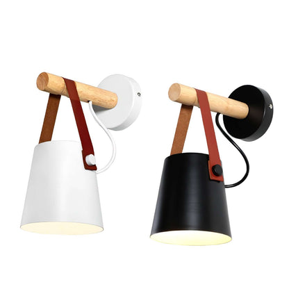 Rustic Wood Wall Lamp with Brown Leather Strap