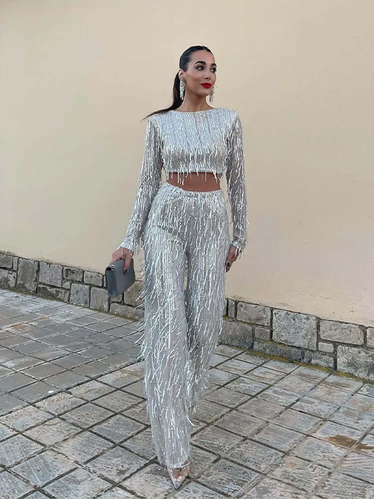Glittery Sequined Crop Top and Pant Set