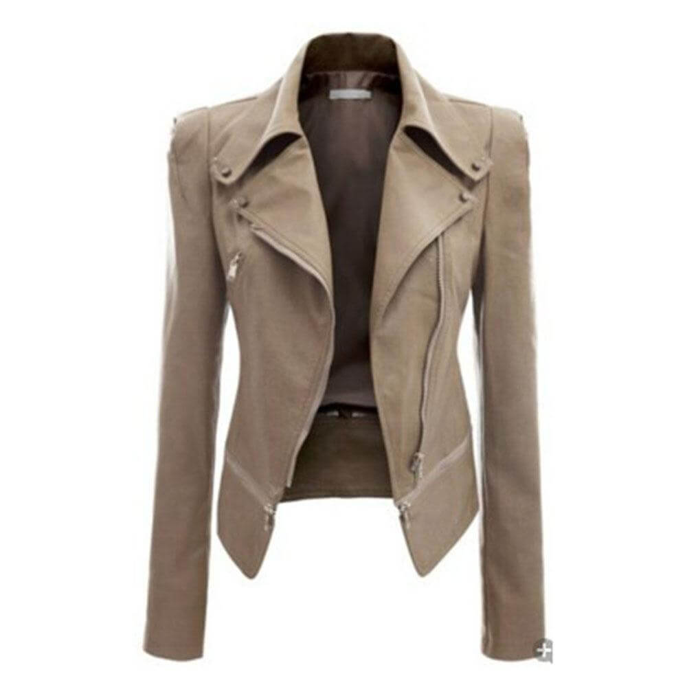 Ladies' Fitted Synthetic Leather Jacket with Zip