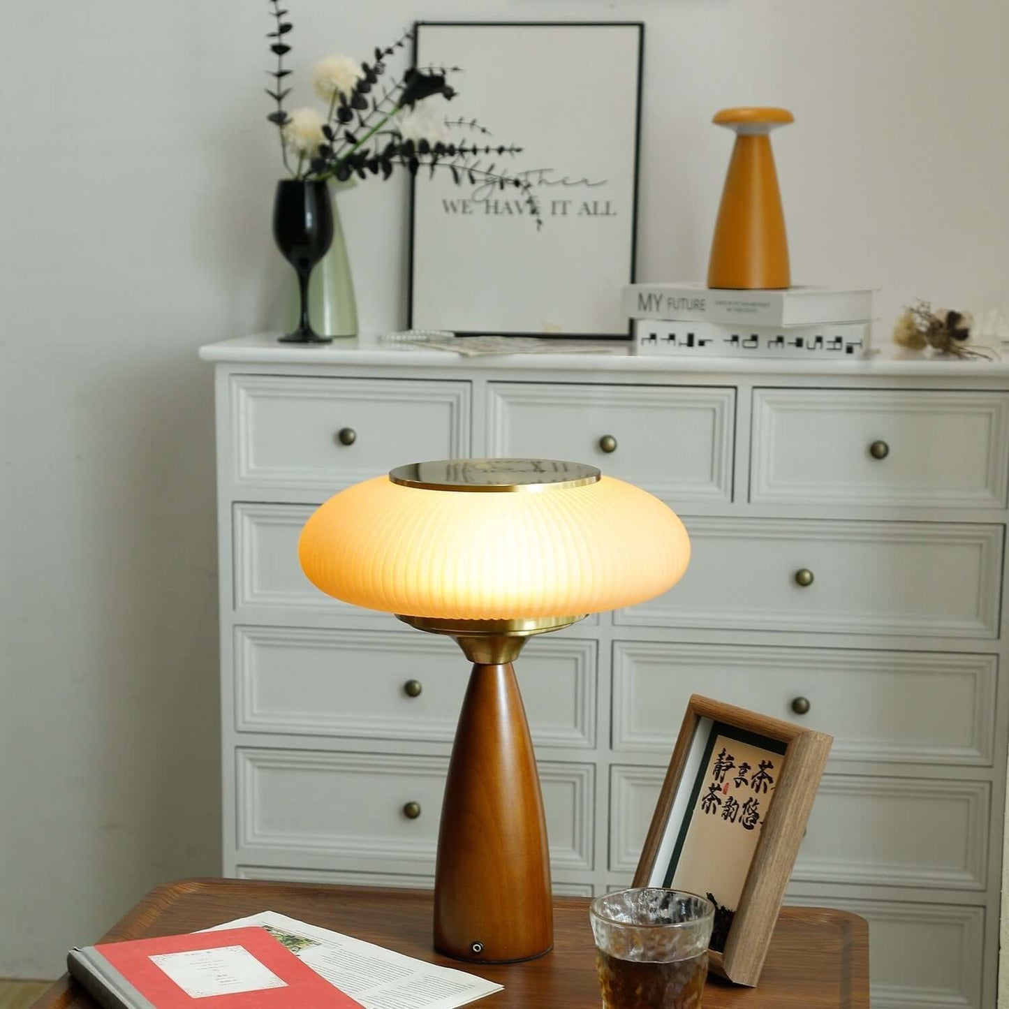 Small Glass Desk Lamp with Wood Base