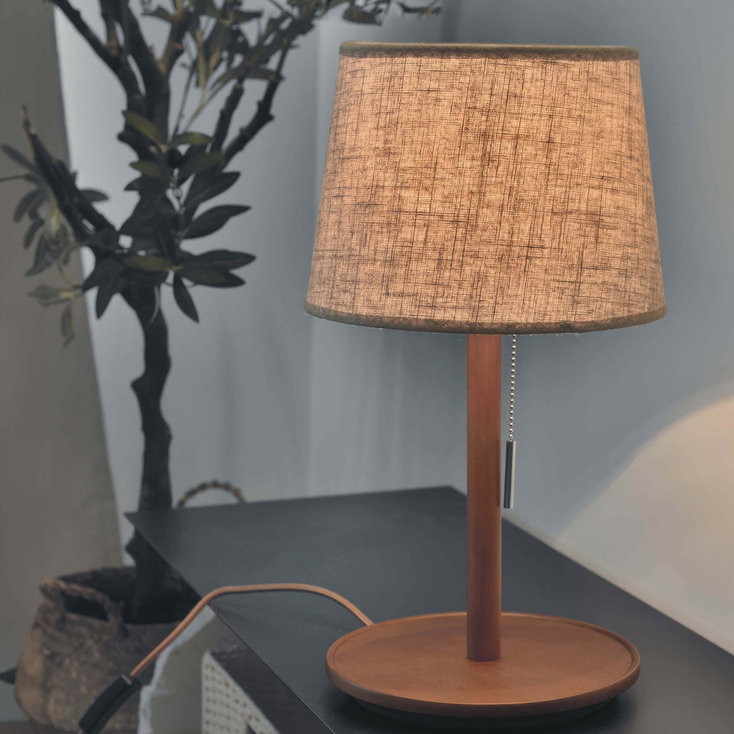 Rustic Brown Wooden Desk Lamp with Linen Shade