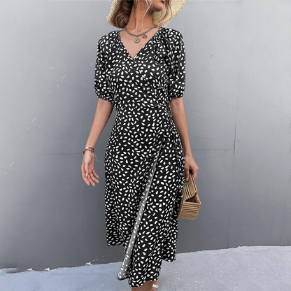 Spotted V Neck Wrap Around Dress