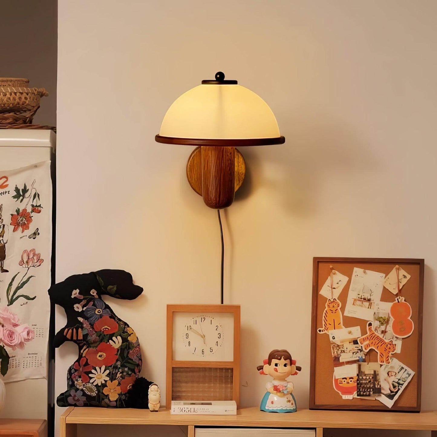 Rustic Wooden Fungi Wall Lamp with Cream Shade