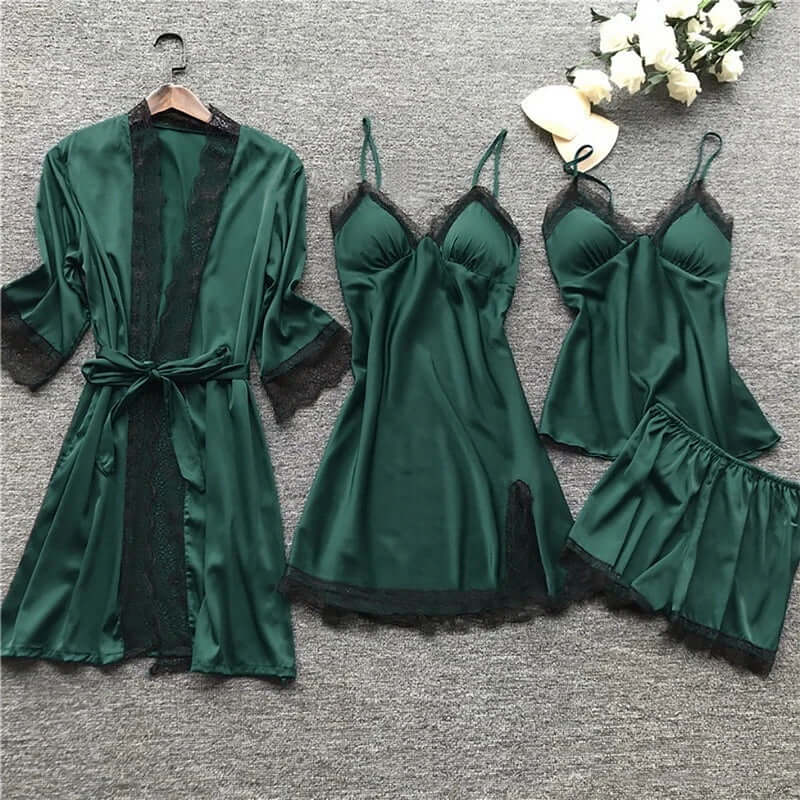 Ladies Soft Silk Pajama Set with Lace Trim