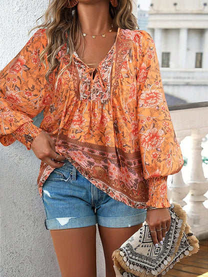 Pretty Floral Long Sleeve Women's Blouse Casual Top
