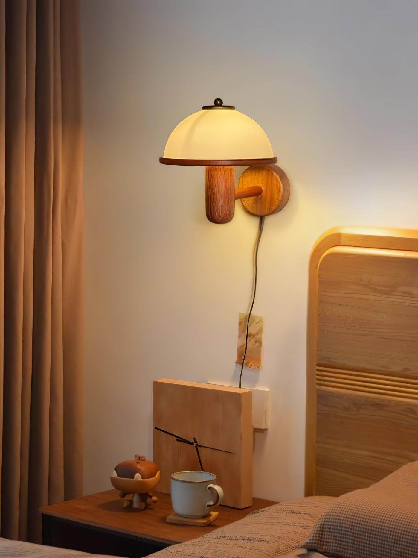 Rustic Wooden Fungi Wall Lamp with Cream Shade