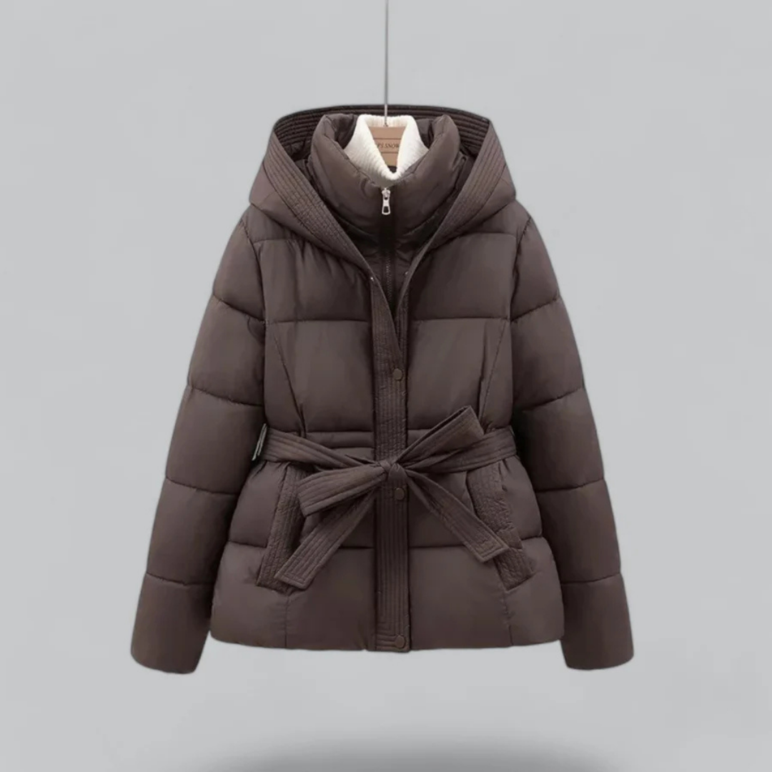 Warm Women's Puffer Coat with Adjustable Waist and Hood