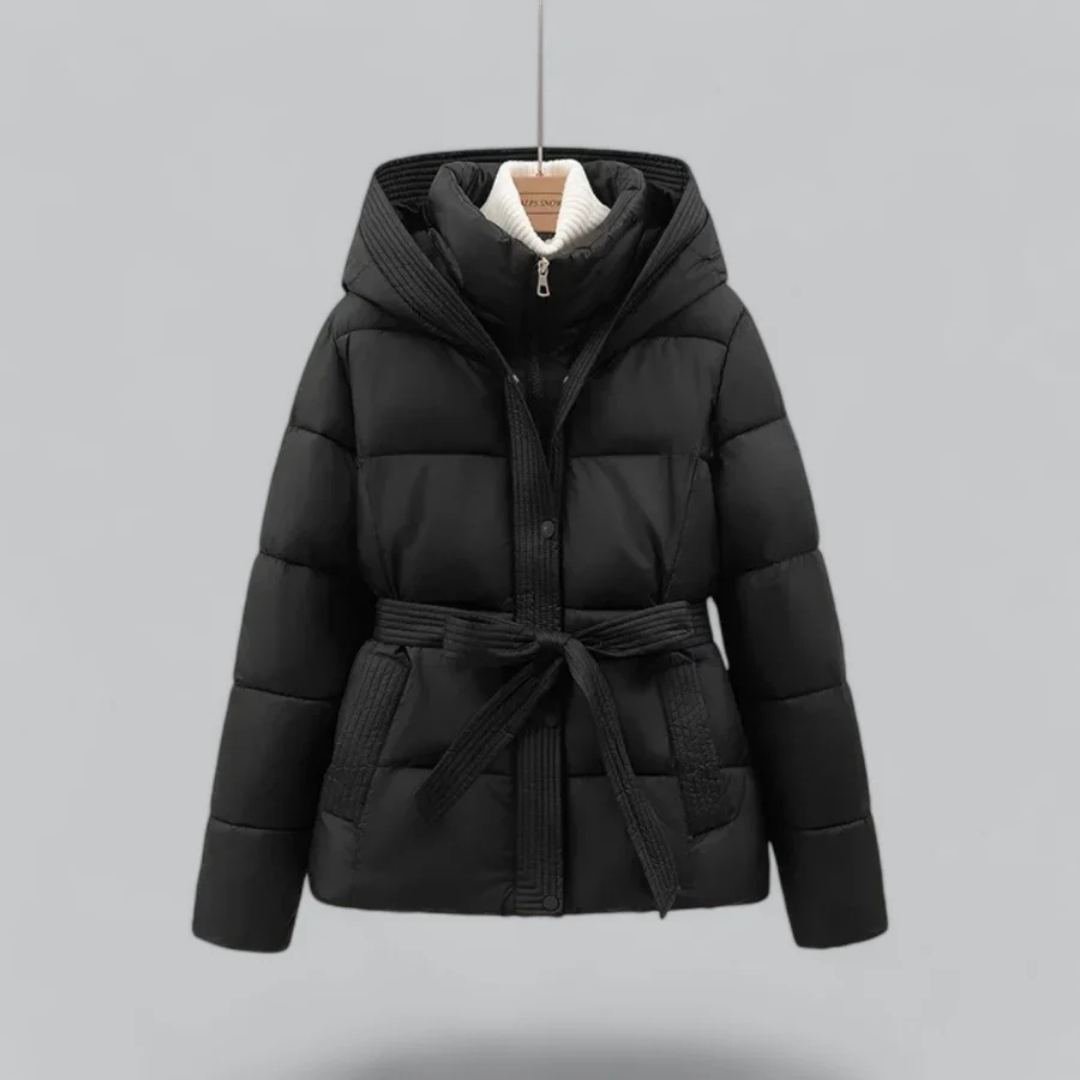 Warm Women's Puffer Coat with Adjustable Waist and Hood - Luxivelle