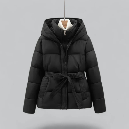 Warm Women's Puffer Coat with Adjustable Waist and Hood - Luxivelle