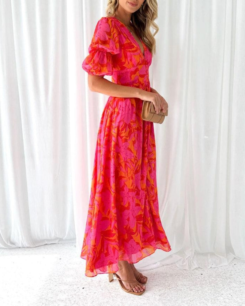 Beautiful V-Neck Ruffle Sleeve Maxi Dress