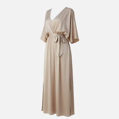 Women's Satin Maxi Dress - Elegant V-Neck Batwing Sleeve Evening Gown