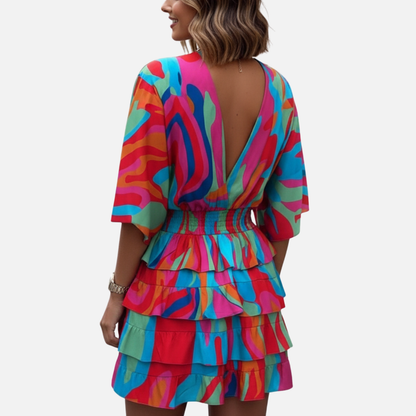 Women's Boho Tiered Mini Dress - Colorful V-Neck Summer Party Dress