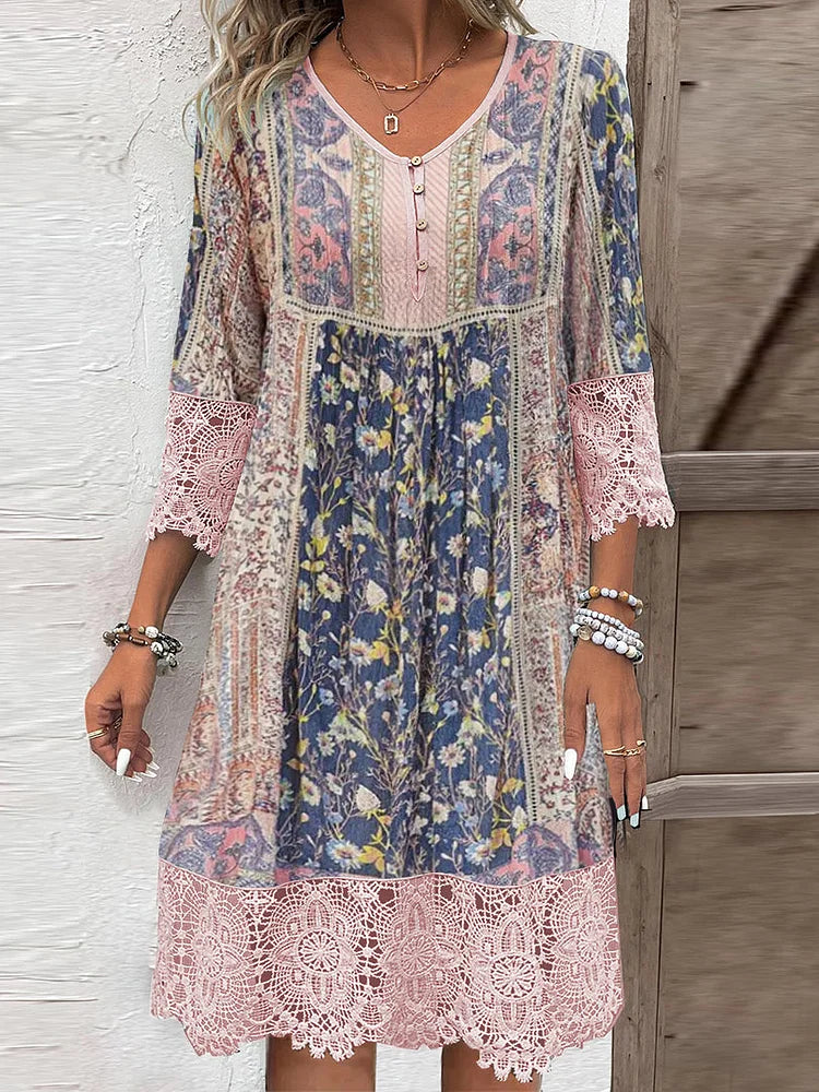 Elegant Floral Midi Lace Dress