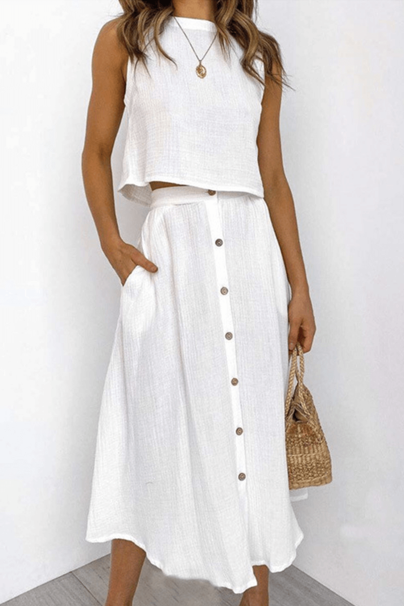 Casual Crew Neck Tee and Mid Length Skirt Set - Luxivelle