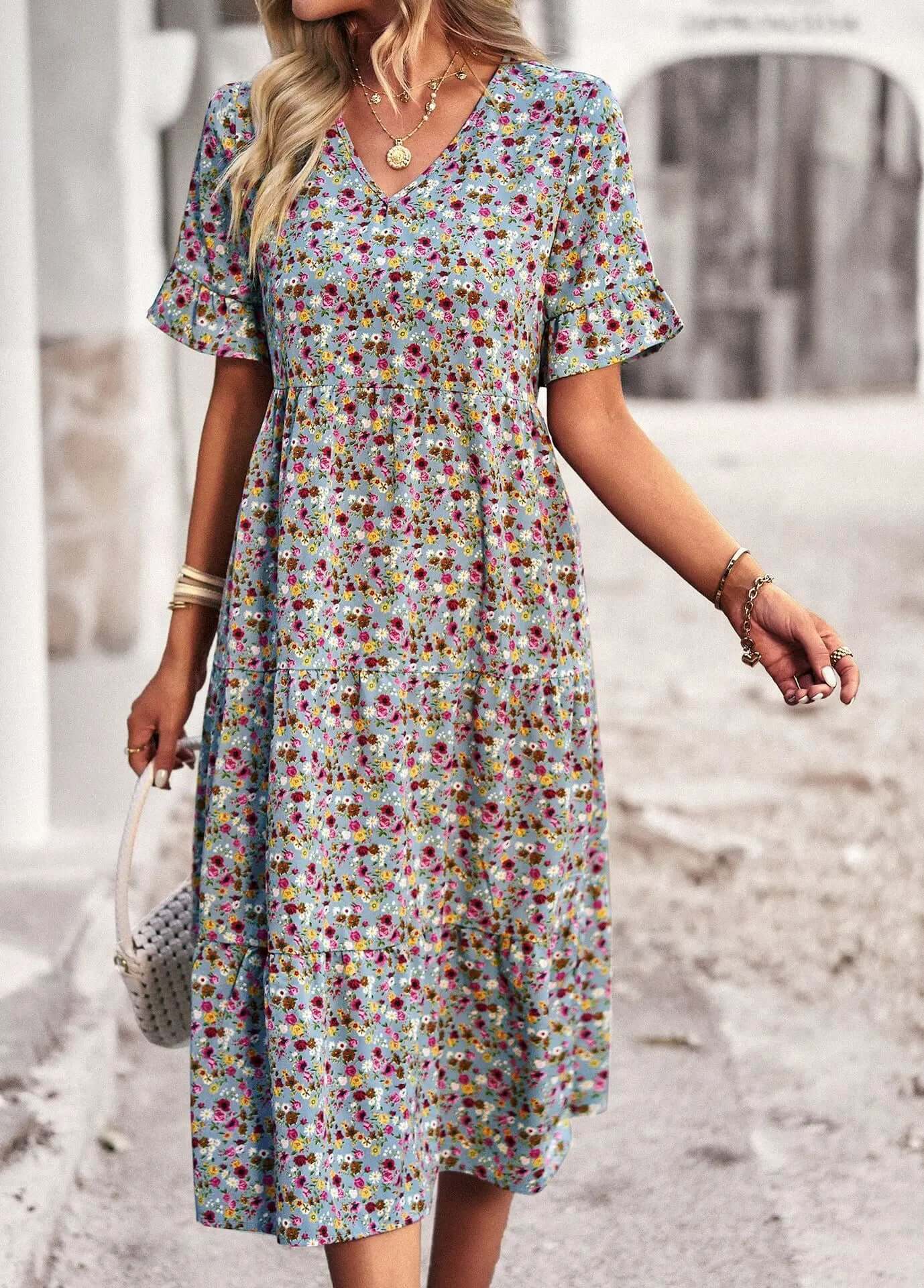 Pretty Patterned V Neck Dress