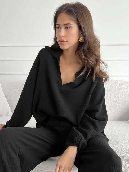Soft Women's Casual Pajama Set V Neck Wide Leg