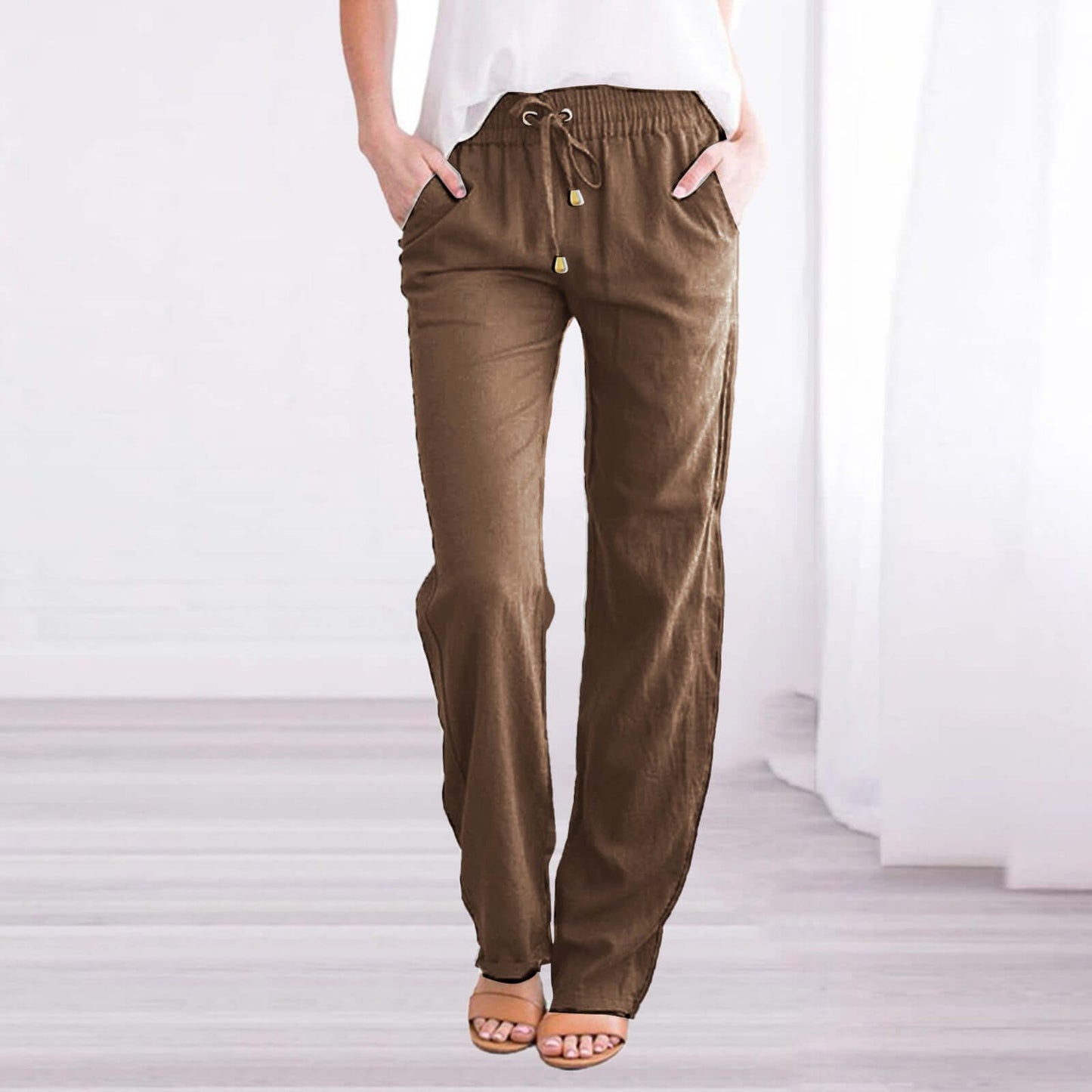 Relaxed Fit Linen Cotton Elastic Waist Pants