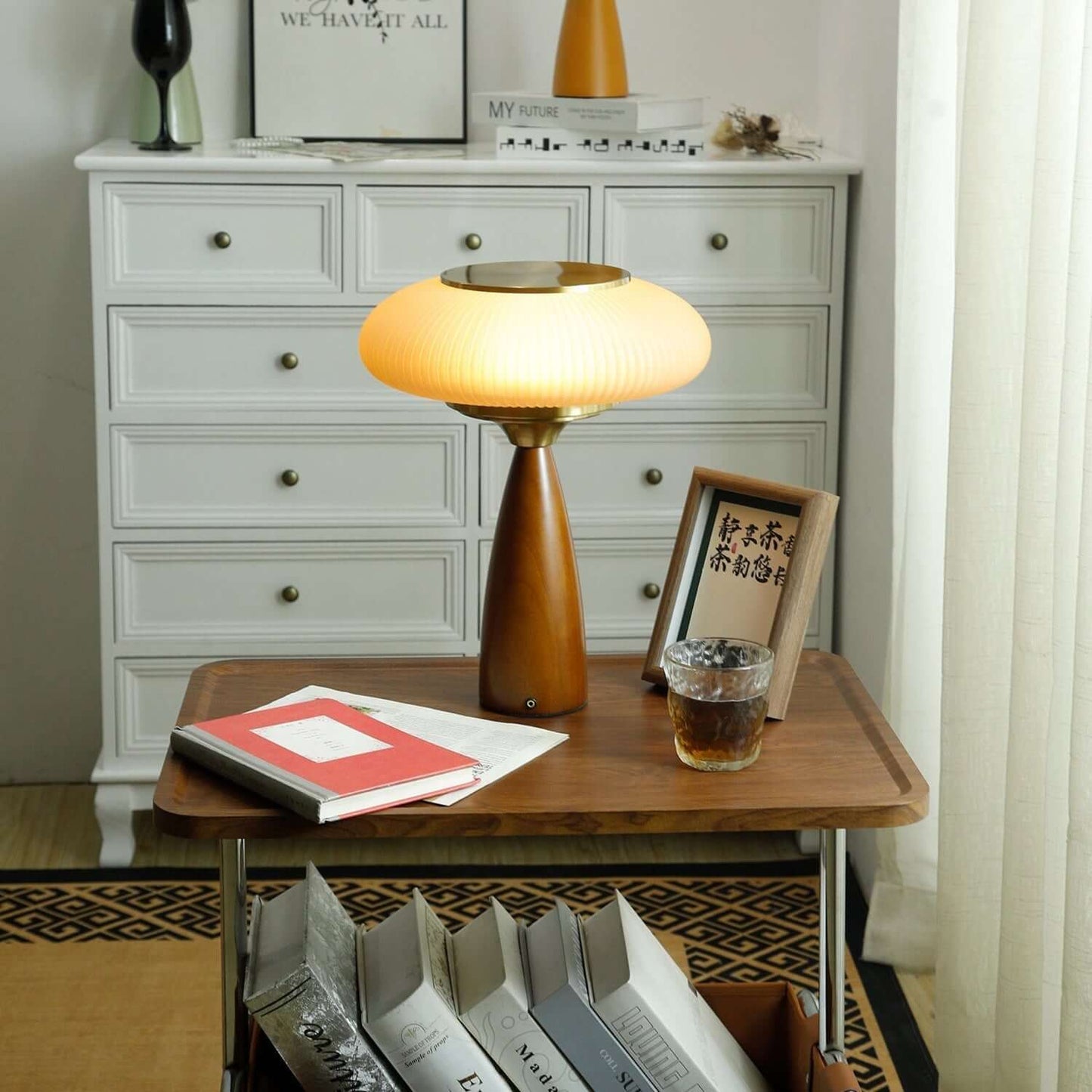 Small Glass Desk Lamp with Wood Base