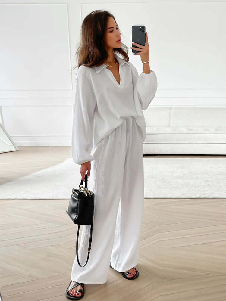 Soft Women's Casual Pajama Set V Neck Wide Leg