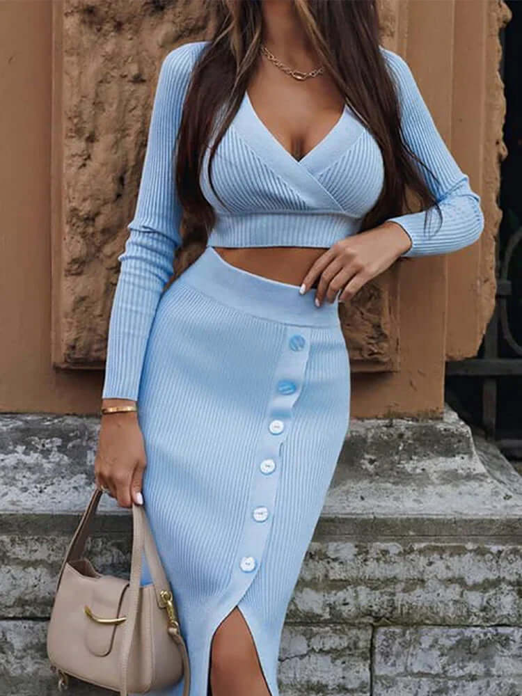 Ladies' V Neck Blouse and Mid Length Skirt - Luxivelle