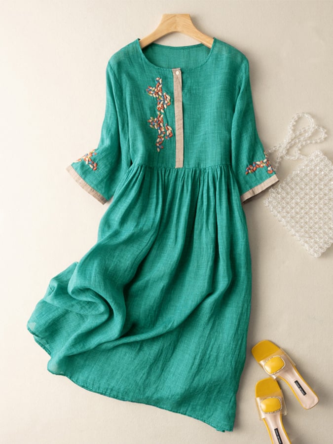 Casual Womens Linen Summer Embroidered Midi Dress