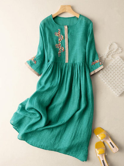 Casual Womens Linen Summer Embroidered Midi Dress