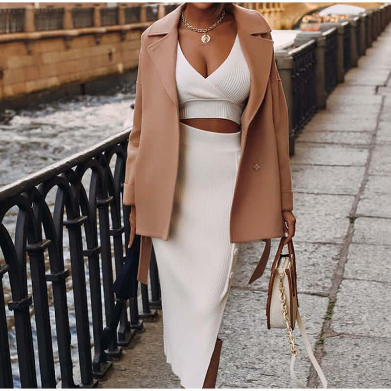 Ladies' V Neck Blouse and Mid Length Skirt