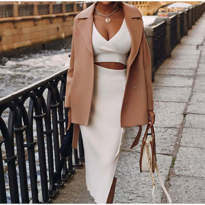 Ladies' V Neck Blouse and Mid Length Skirt