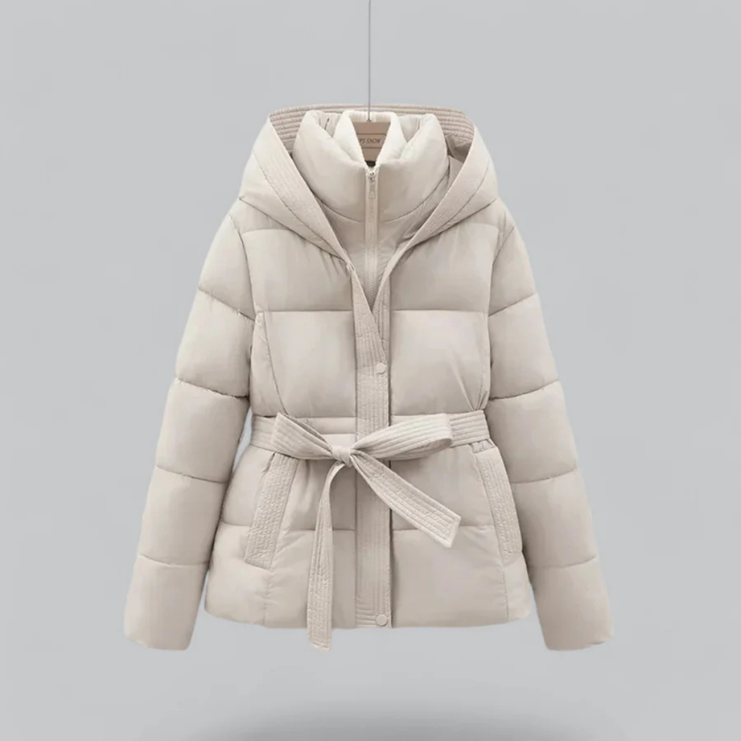 Warm Women's Puffer Coat with Adjustable Waist and Hood