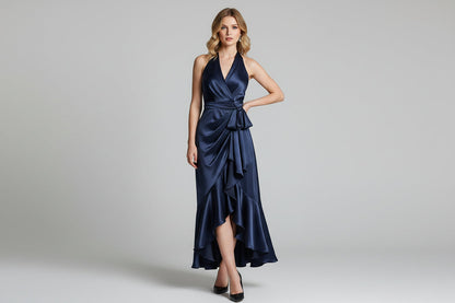 Elegant Satin Halter Neck Evening Dress - Luxivelle