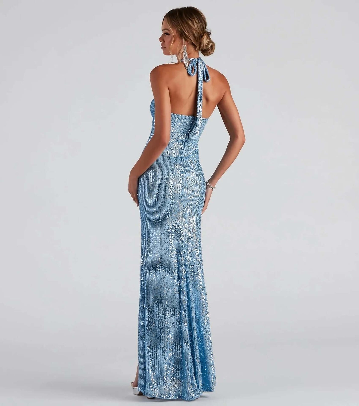 Glittering Deep V Backless Formal Dress with High Split