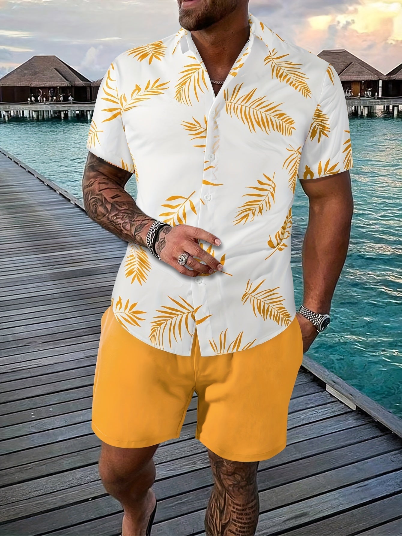 Casual Mens Short Sleeve Leaf Print Shirt