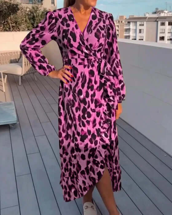Fashionable Leopard V Neck Mini Dress