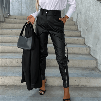 Ladies Fitted Synthetic Leather Combat Pants - Luxivelle
