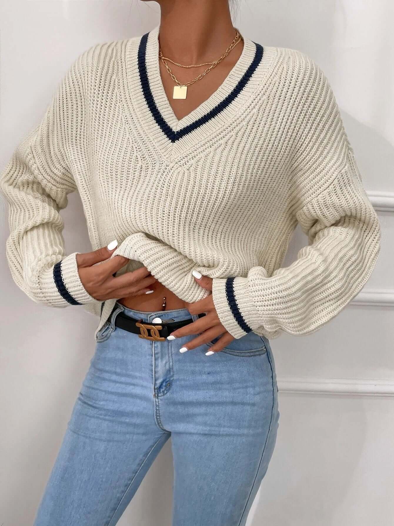 Casual Striped V Neck Loose Fit Sweater