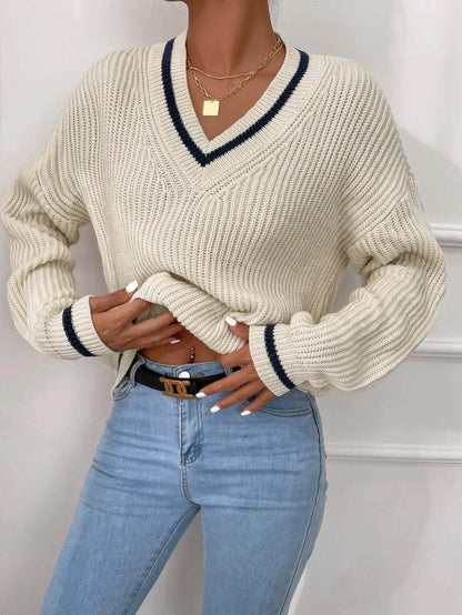 Casual Striped V Neck Loose Fit Sweater