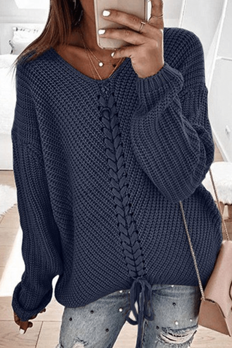 Casual Knit Sweater with Braided Trim
