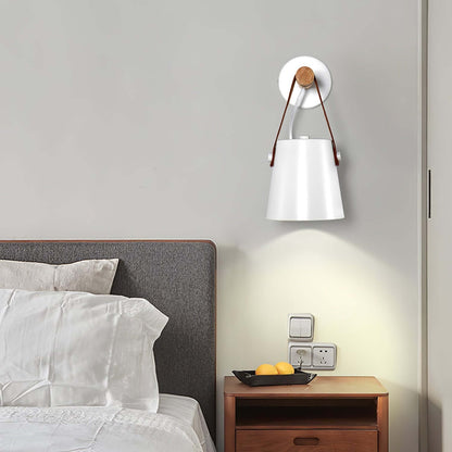Rustic Wood Wall Lamp with Brown Leather Strap