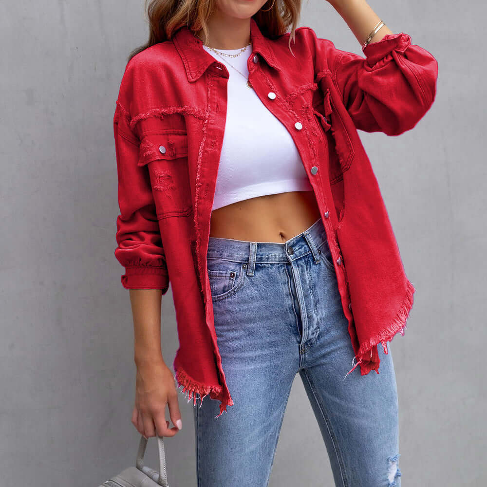 Ripped Vintage Style Denim Jacket - Luxivelle