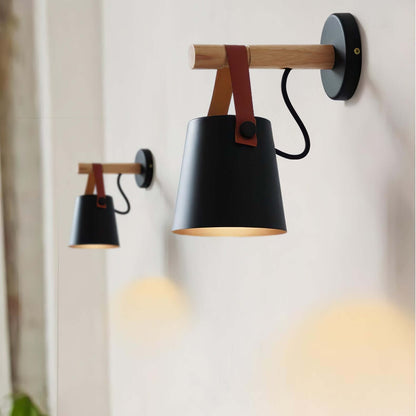 Rustic Wood Wall Lamp with Brown Leather Strap