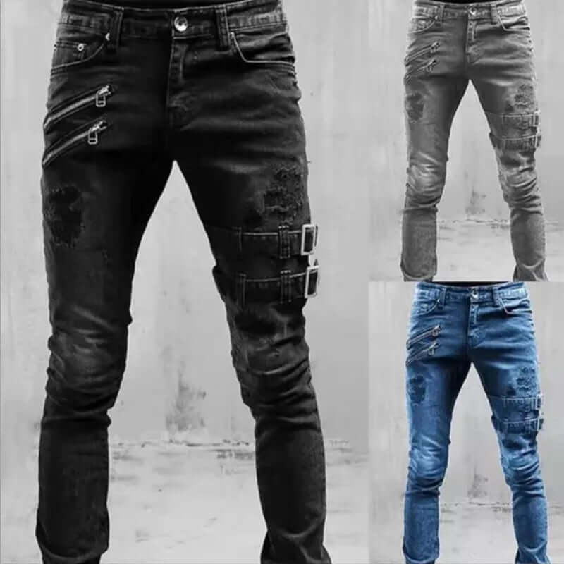 Slim Fit Distressed Biker Jeans for Men