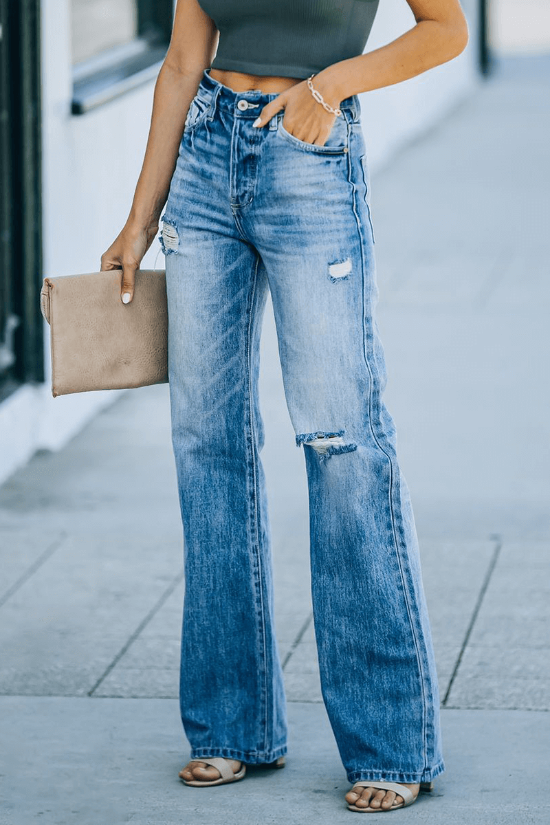 Fashionable Frayed High Waist Wide Leg Jeans