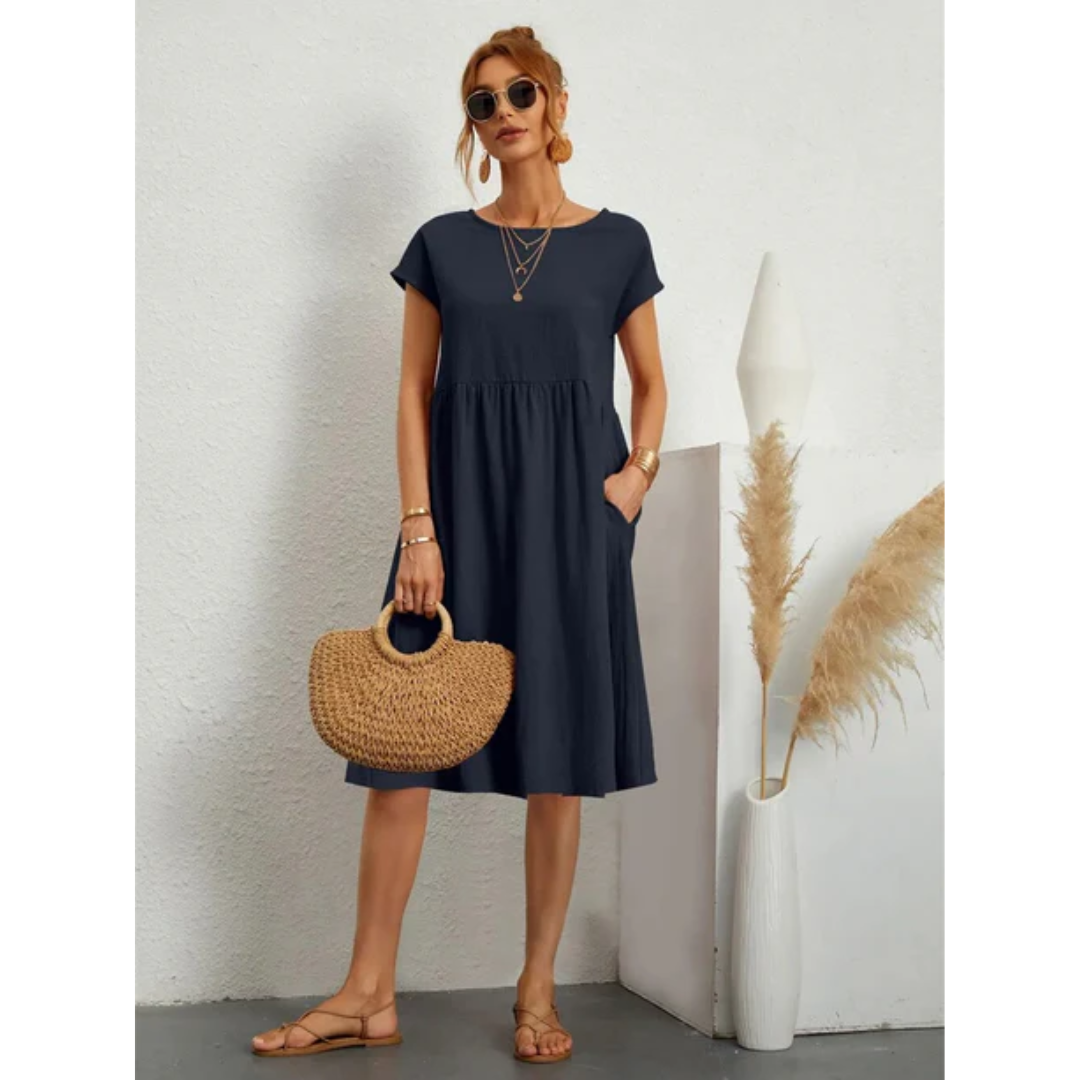 Relaxed Fit Women's Short Sleeve Linen A-Line Dress