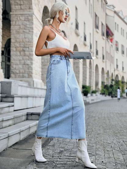 Elegant Mid Waist Long Denim Skirt