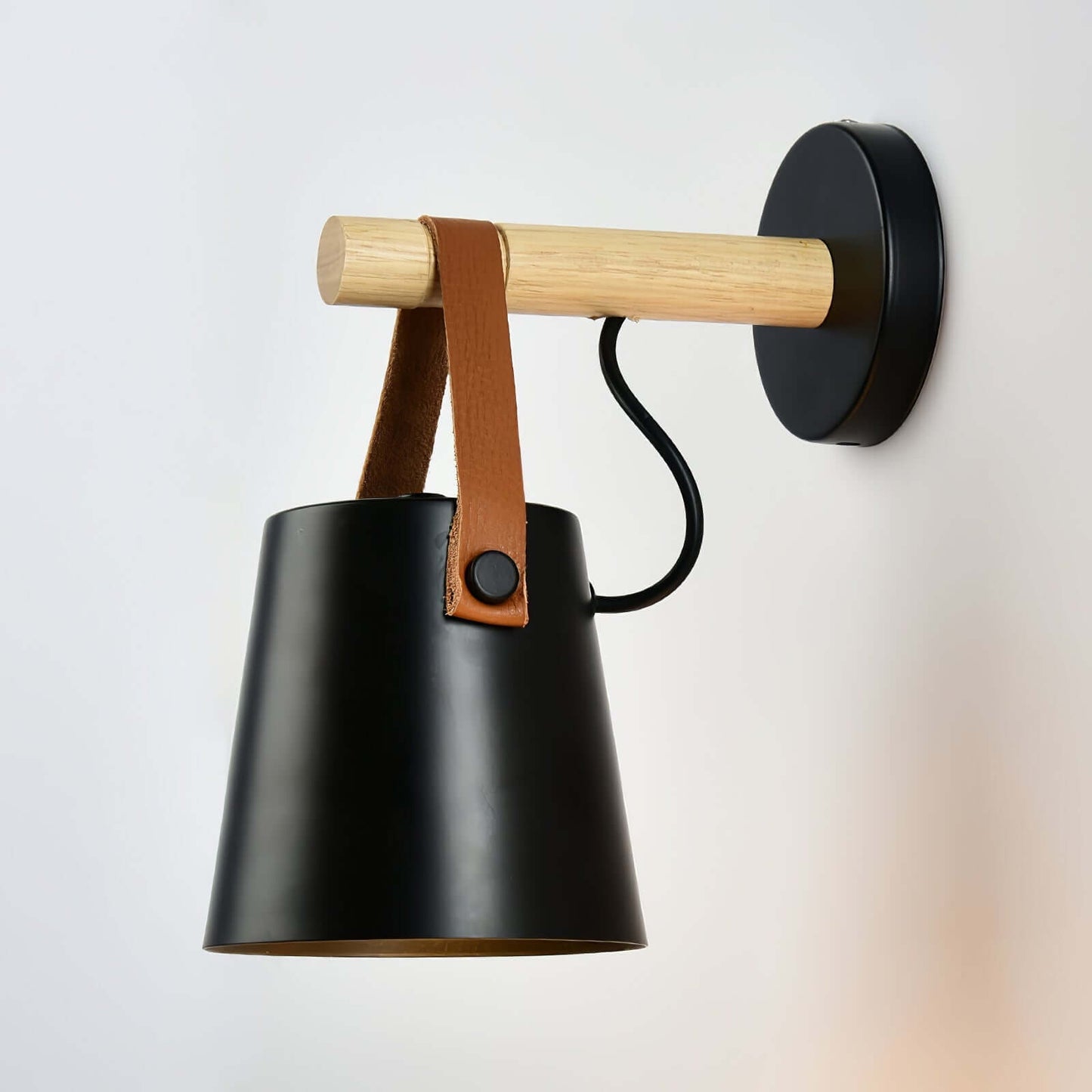 Rustic Wood Wall Lamp with Brown Leather Strap