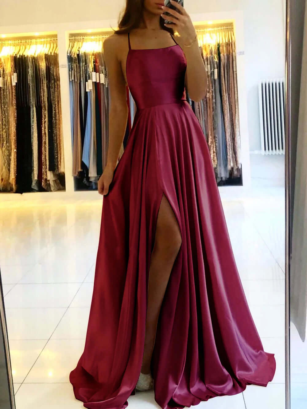 Luxury Satin Party Dress with High Cut Skirt