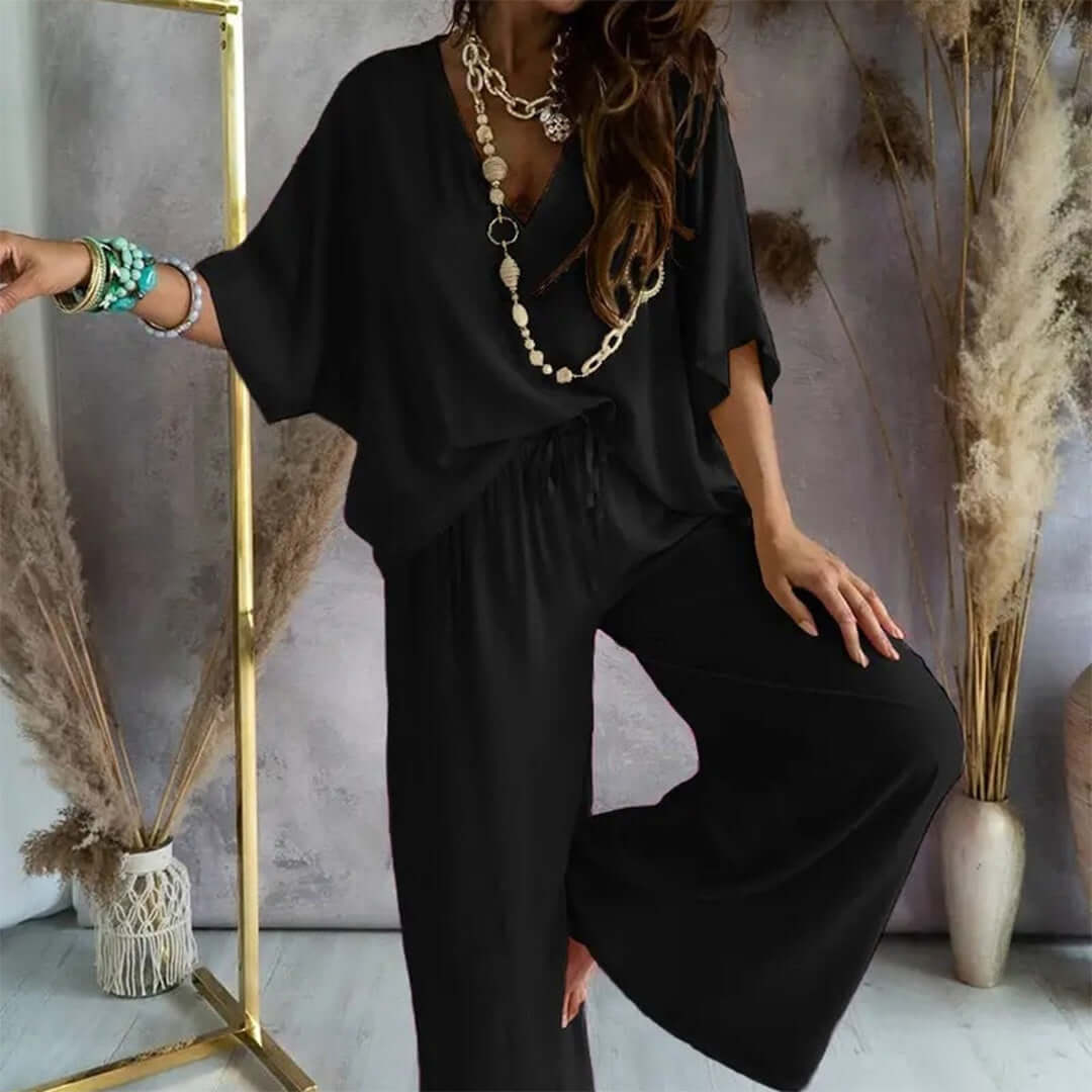 Ladies Comfortable 2-Piece V-Neck Suit Set - Luxivelle