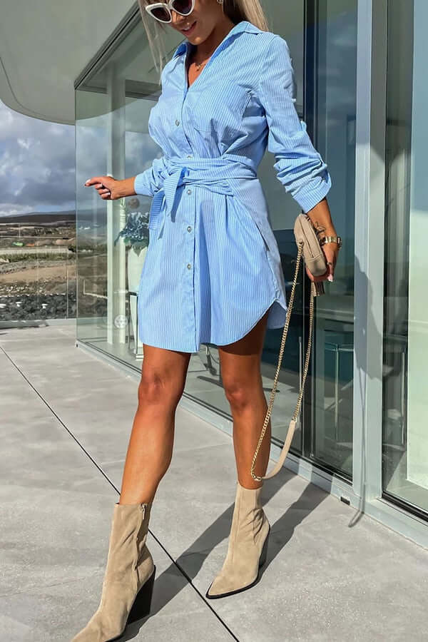 Ladies' Classic Fit Shirt Dress with Belted Waist - Luxivelle
